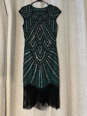 PrettyLittleThing Emerald Beaded Fringe Midi Dress